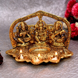 Craftam Laxmi Ganesh Saraswati Darbar with Five Diya Idol Showpiece Decorative Showpiece - 13 cm(Aluminium, Gold)