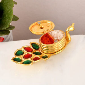 Craftam Peacock Shape Roli Rice, Kumkum Chawal Holder Tilak Chopda With Roli Rice Pack Decorative Showpiece - 12 cm(Aluminium, Multicolor)