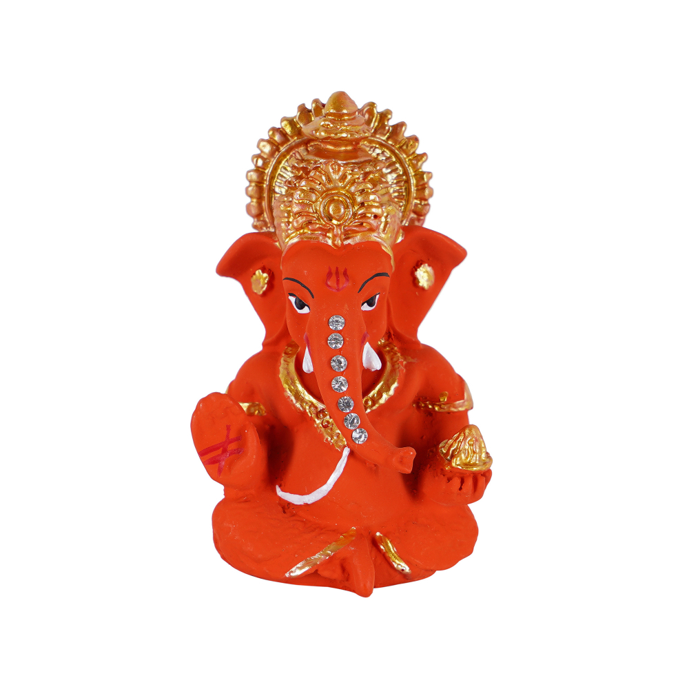 Craftam Polyresin Orange Ganesha Statue for Car Dashboard God Ganesh Murti Ganpati Idol Figurine with Double Side Tape