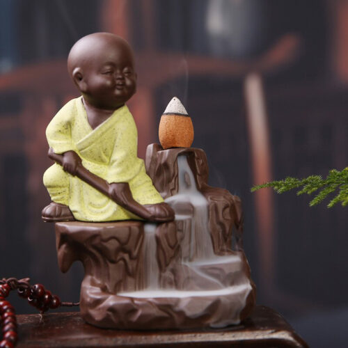 Buddha Smoke Backflow Fountain Cone Incense Holder Decorative Showpiece with Free 10 Smoke Backflow Scented Cones Incense (Yellow)