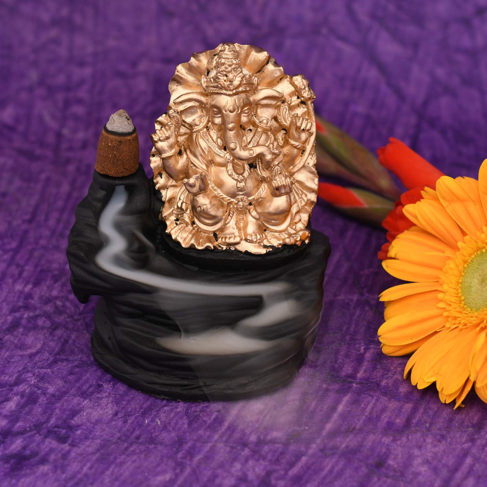 PolyResin Ganesha Smoke Fountain Backflow Waterfall Cone Incense Holder Showpiece Statue with 10 Back Flow Incense Cones (Golden)