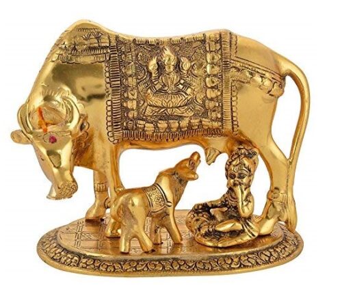 Big Size Oxidized Metal Kamdhenu Cow and Calf with Baal Krishana Idol (19X13X15 CM Weight: 800 Gram)?