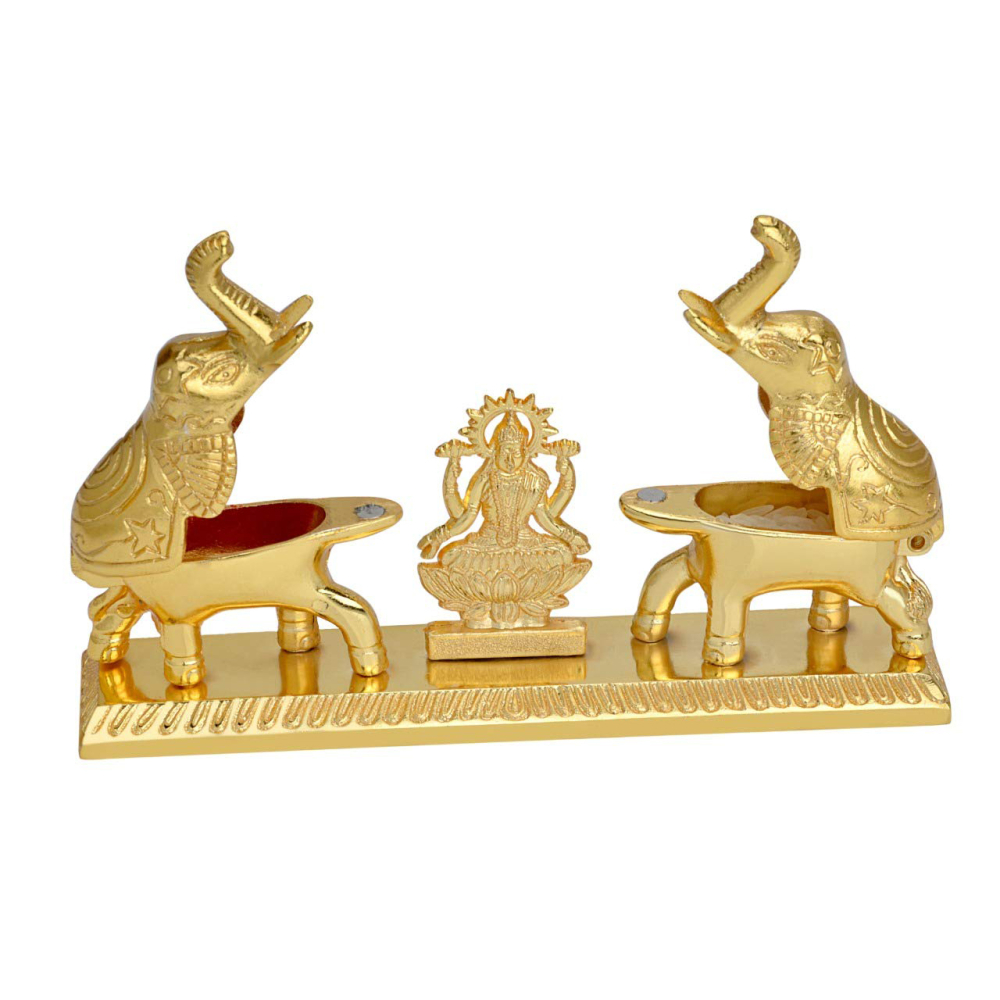 Craftam Metal Golden Plated Home Decor Double Elephant with Laxmi Maa Roli Chawal Storage Box