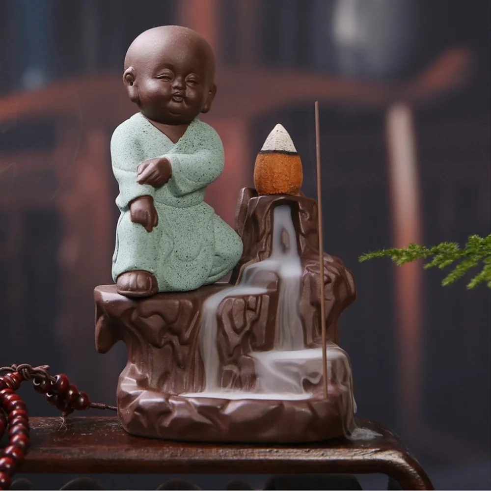 Buddha Smoke Backflow Fountain Cone Incense Holder Decorative Showpiece with Free 10 Smoke Backflow Scented Cones Incense (Green)