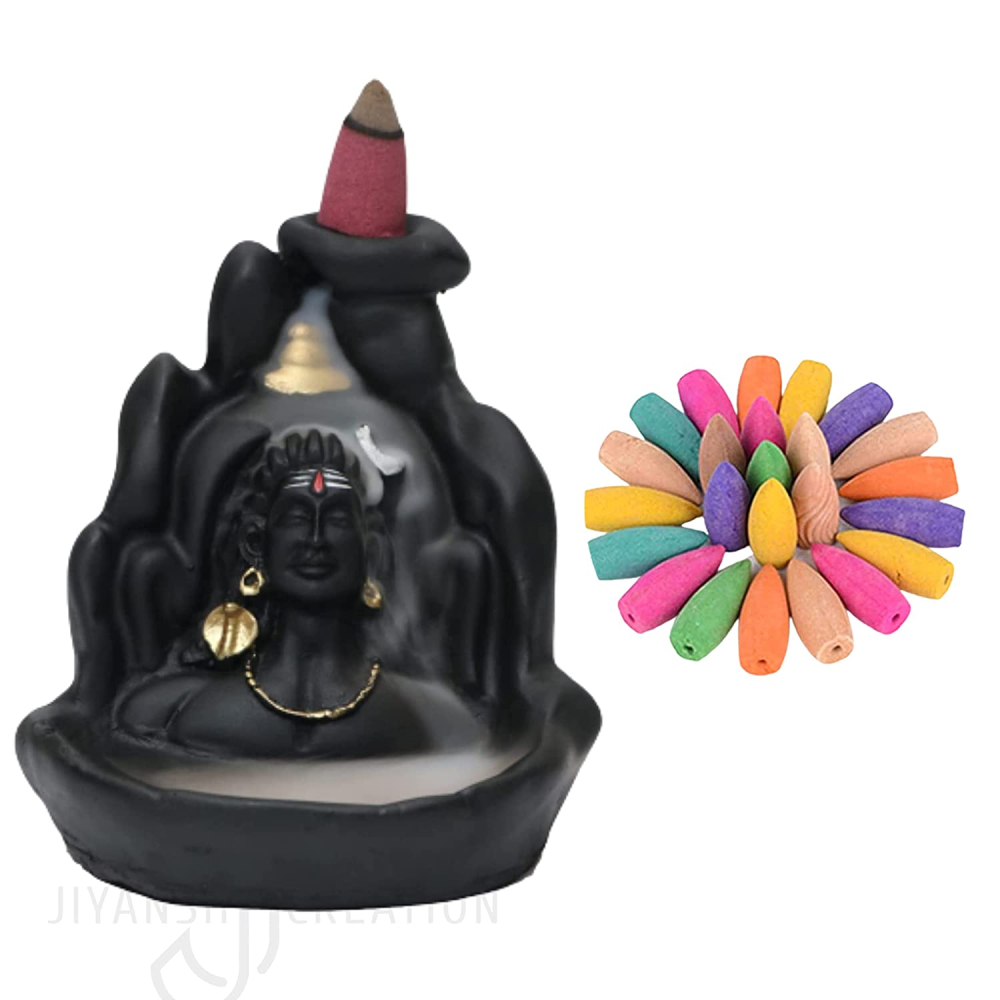 CRAFTAM Polyresin Adiyogi, Mahadev, Shiv Shankara Backflow Cone Incense Holder Decorative Showpiece with 20 Smoke Backflow Scented Cone Incenses