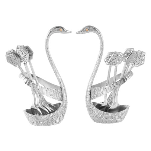 Silver Plated Swan Duck Shape Spoon & Fork Holder with 6 Spoon & 6 Fork Showpiece Item for Dining Table.