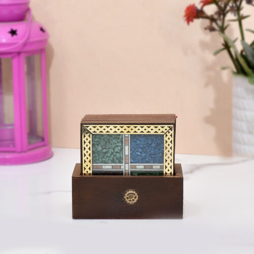 Gems Stone and Wooden Brass Patti Standing Tea Coasters for hot pots Home Kitchen Dining Table, Office (4 Tea Coasters, 1 Holder Set)