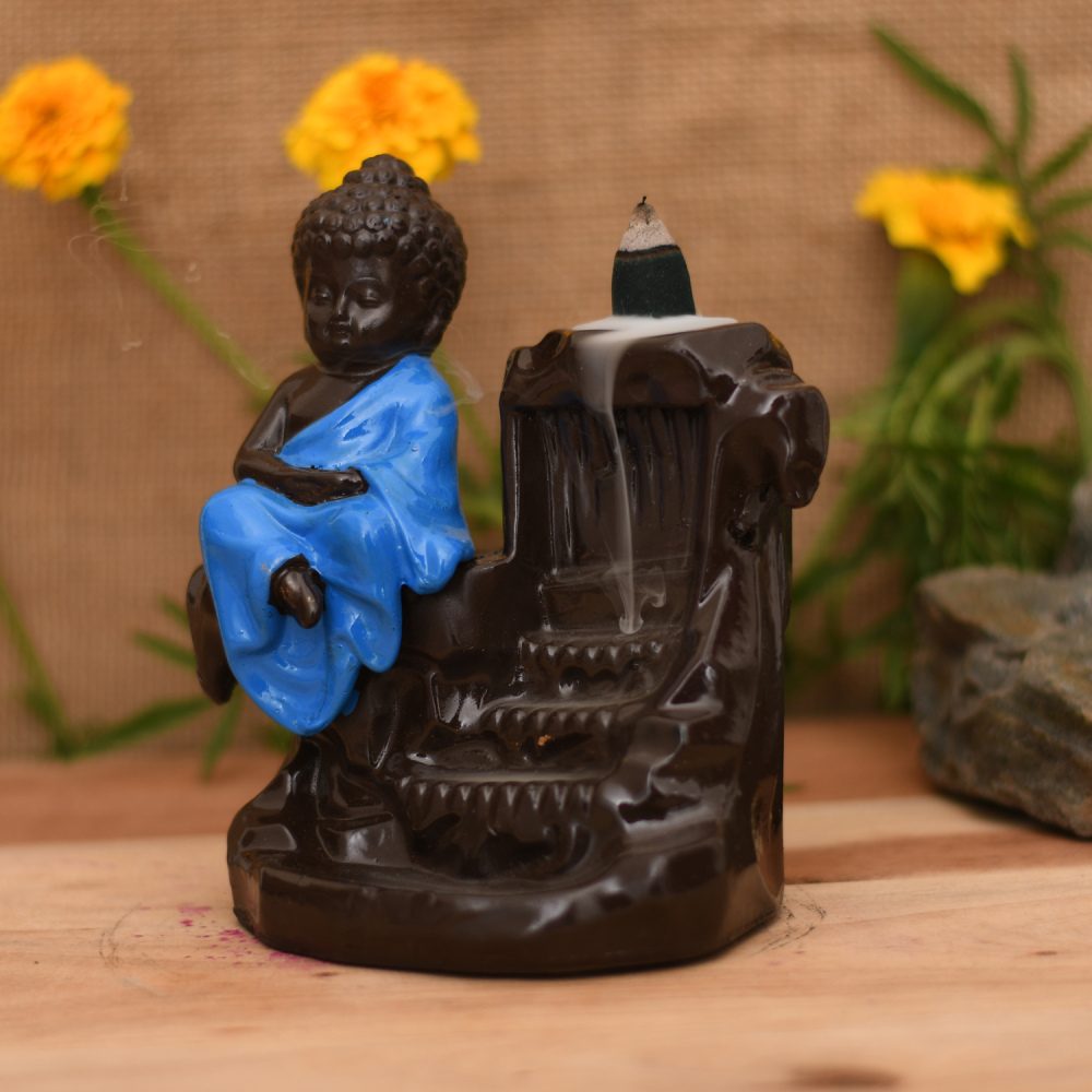 Polyresin Meditating Monk Big Buddha Cone Incense Holder with 20 Free Smoke Backflow Scented Cone Incenses (Blue)