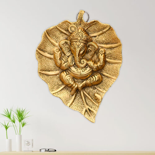 Metal Lord Ganesha on Leaf Decorative Wall Hanging Showpiece Figurine (Golden)