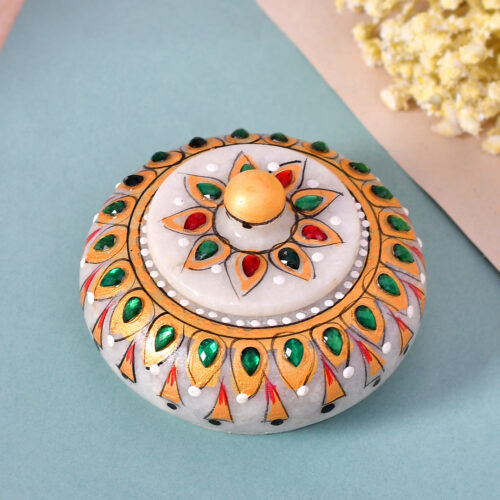 Sindur Dani : Marble Made,Meena Work, Hand Printed, Kumkum Box