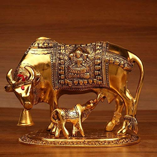 Craftam Big Size, Large Elegant Kamdhenu Cow and Calf Oxidized Metal Statue (Size LWH : 20X13X16 cm Weight 800 Gram)