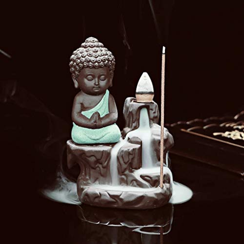 Buddha Smoke Backflow Fountain Cone Incense Holder Decorative Showpiece with Free 10 Smoke Backflow Scented Cone Incense (Green)