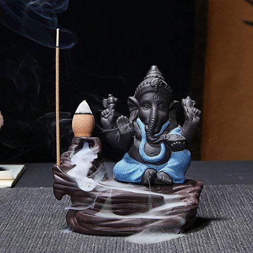 Ganesha Smoke Fountain Backflow Waterfall Cone Incense Holder Showpiece Statue with 10 Back Flow Incense Cone (Blue)
