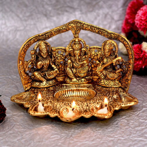 Laxmi Ganesh Saraswati Darbar with five Diya Idol Showpiece for Home Decor, House Warming Diwali Gifts,
