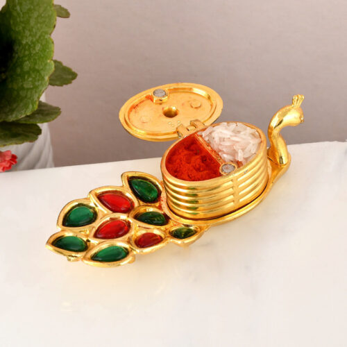 Craftam Peacock Shape Roli Rice, Kumkum Chawal Holder Tilak Chopda With Roli Rice Pack Decorative Showpiece – 12 cm  (Aluminium, Multicolor)