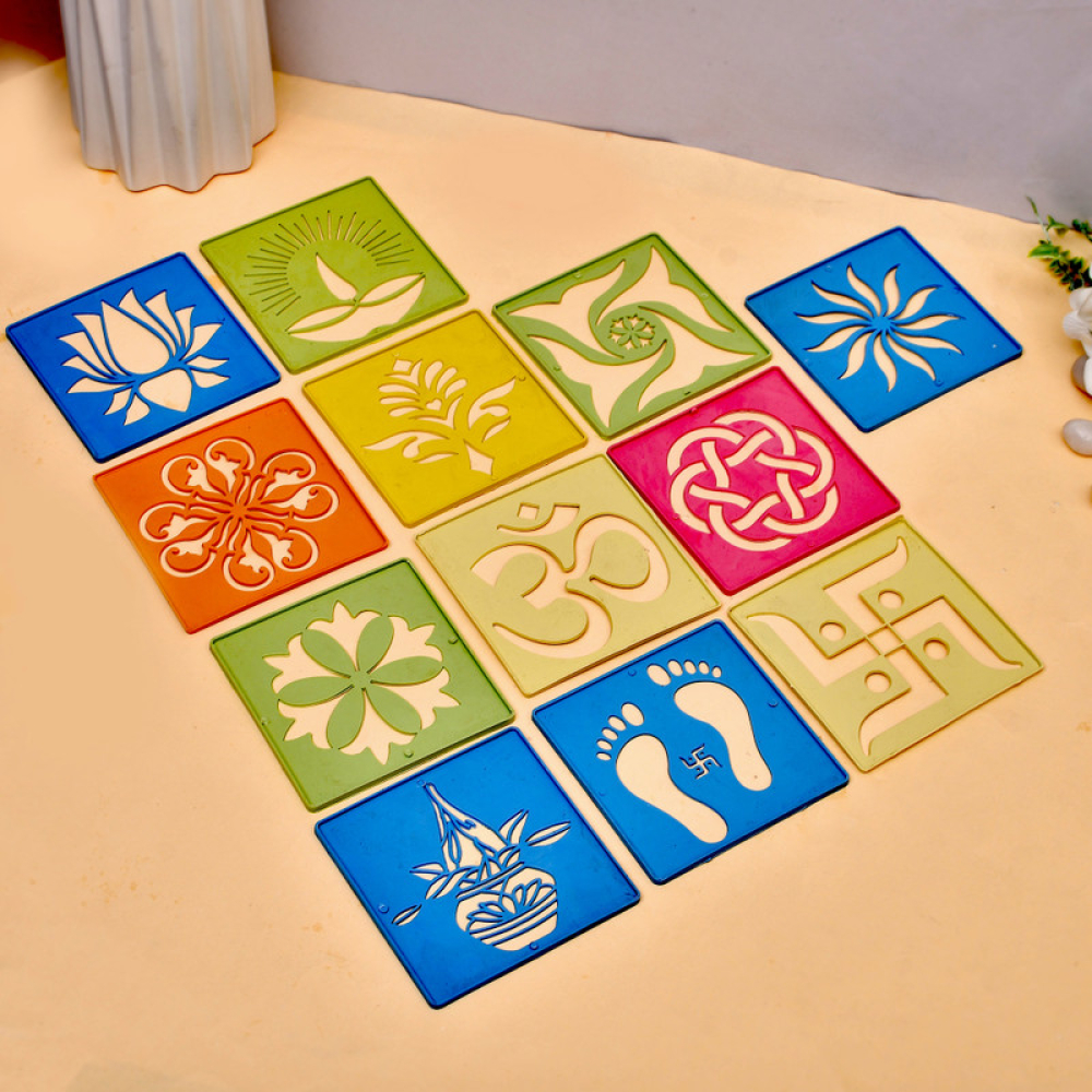 Different Design Ready to Draw Rangoli Making Stencils, Rangoli Plastic Stencils for Diwali Floor Decoration (Set of 12, Size4x4 Inch)
