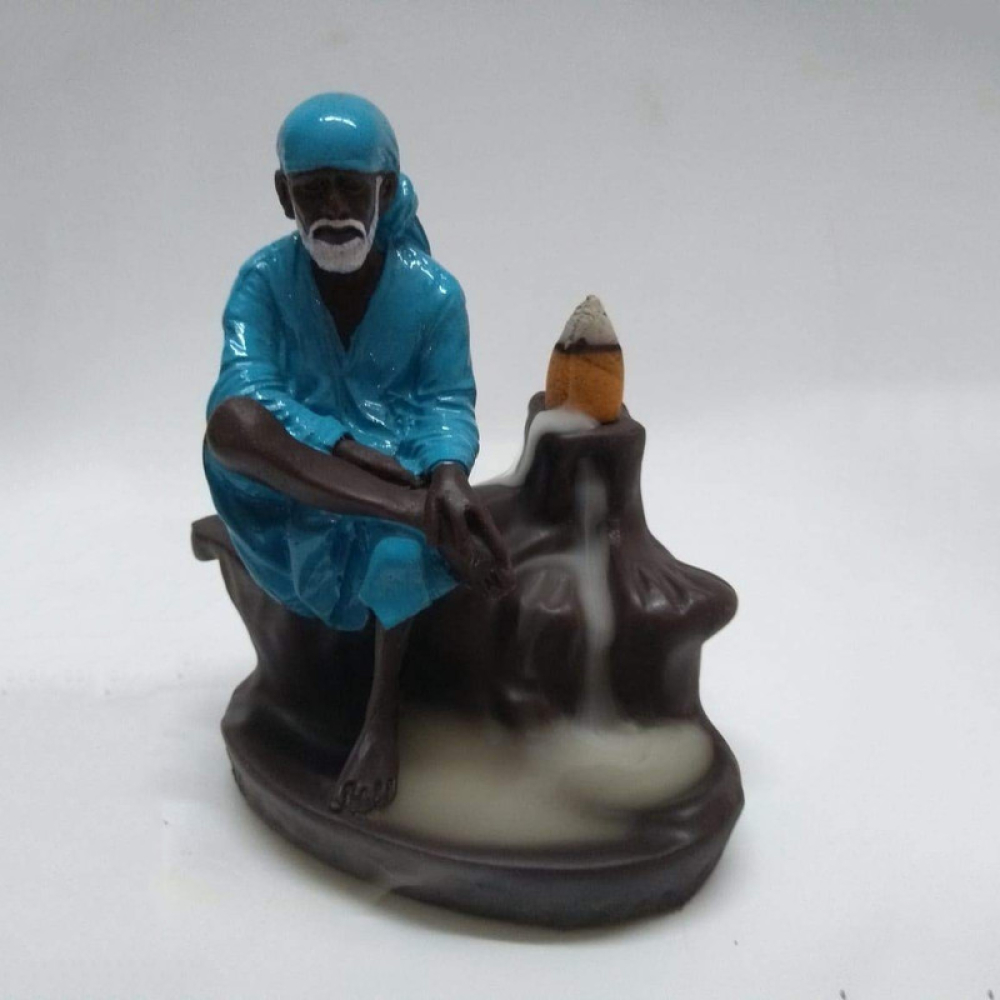 CRAFTAM Smoke Backflow Fountain Sai Baba Incense Holder Decorative Showpiece Gift with Free 10 Scented Cone Incenses (Blue)