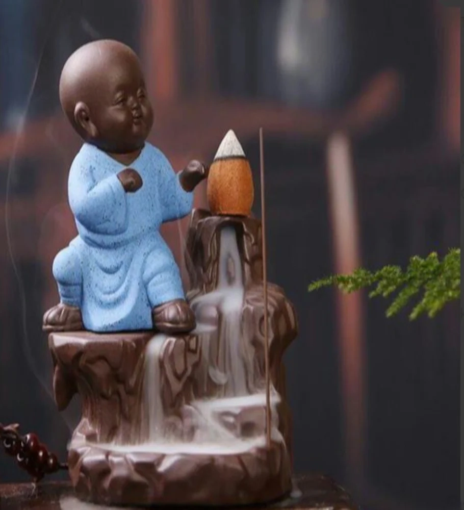 Buddha Smoke Backflow Fountain Cone Incense Holder Decorative Showpiece with Free 10 Smoke Backflow Scented Cones Incense (Blue)