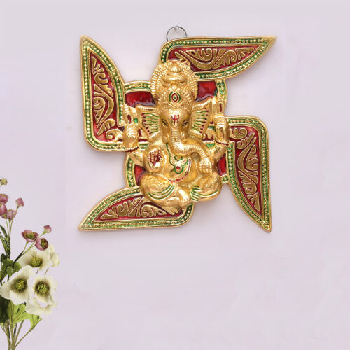 Craftam Alloy Metal Lord Ganesha Swastika Wall Hanging Showpiece Figurine | Metal Handcrafted Decorative Showpiece for Wall D?cor, Wall Hangings, Home D?cor, Diwali D?cor – Gold