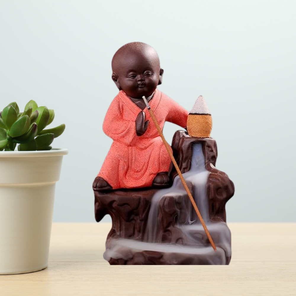 Buddha Smoke Backflow Fountain Cone Incense Holder Decorative Showpiece with Free 10 Smoke Backflow Scented Cones Incense (Orange)