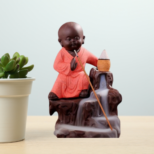 Buddha Smoke Backflow Fountain Cone Incense Holder Decorative Showpiece with Free 10 Smoke Backflow Scented Cones Incense (Orange)