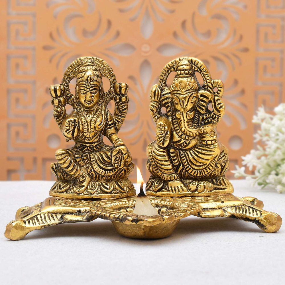 Oxidised Metal Laxmi Ganesha Idol with Diya
